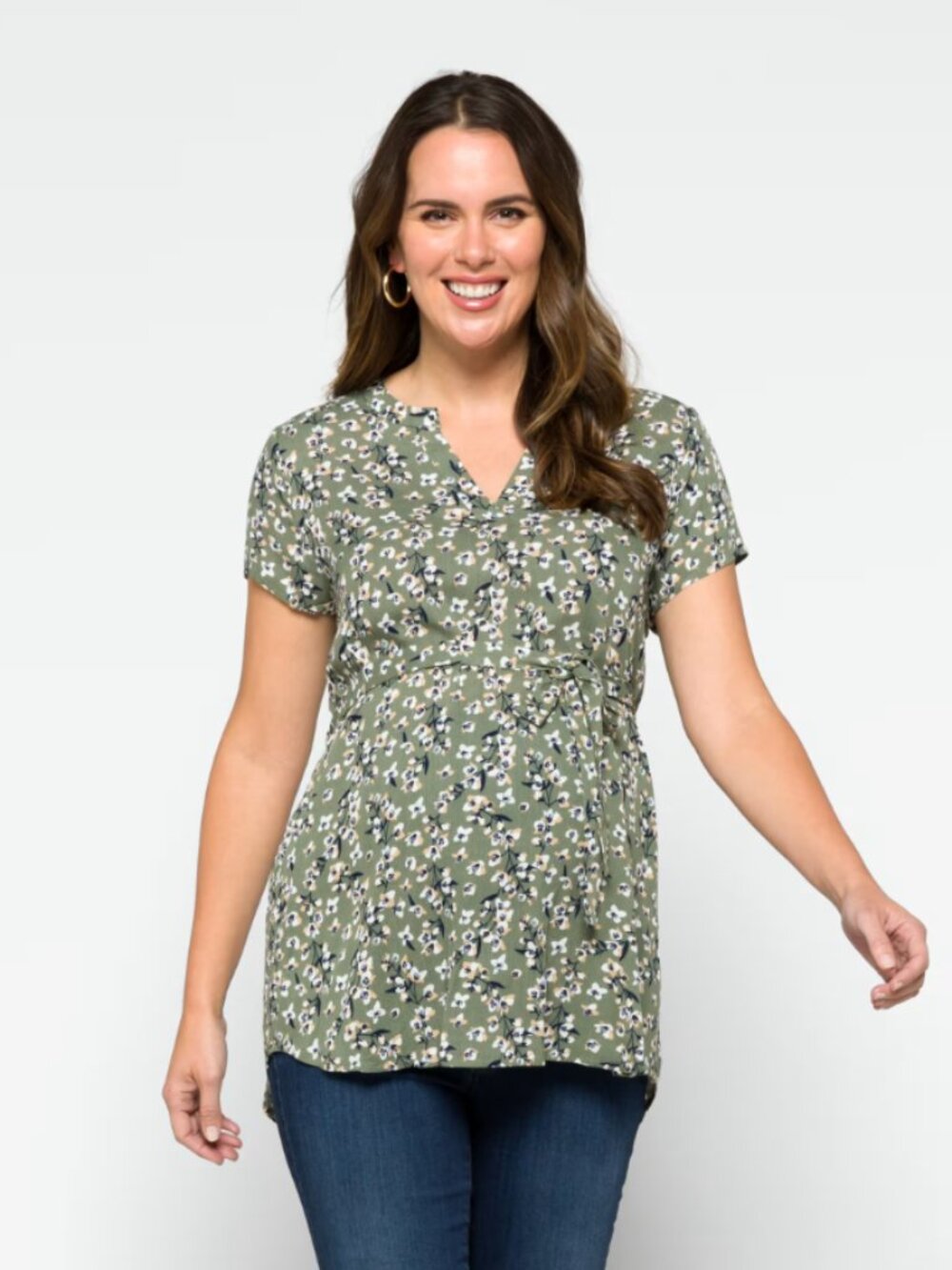 Full Moon Segura Rayon Gauze Tie Waist Maternity Blouse Green Floral Size XL